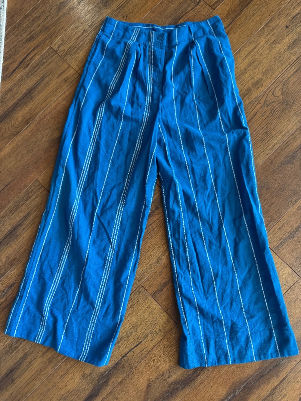 Free People Blue Striped Wide Leg Cotton Pants Size Large Boho Coastal